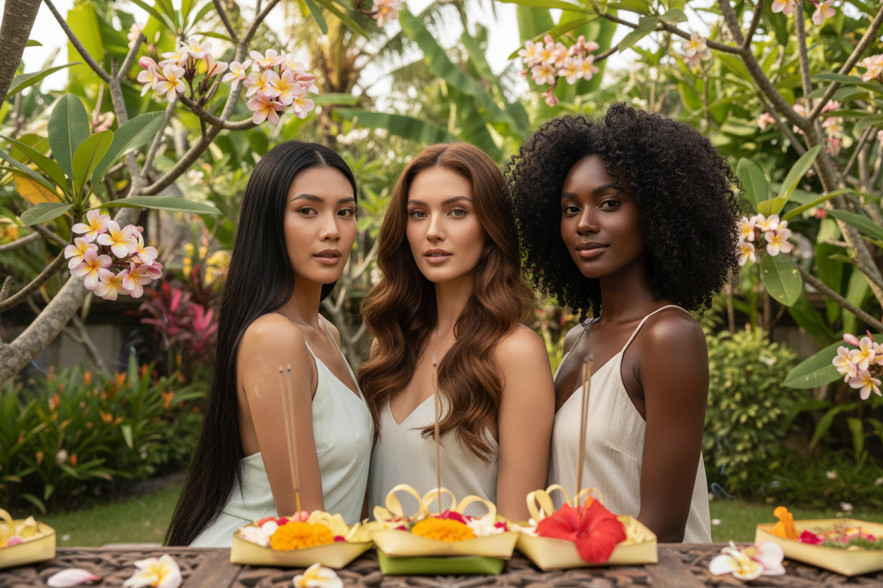 create a photo to show 3 completely different hair types that are very moisturized and takes place in bali showing the frangipani flower and the balinese offering for the landing page of the website.