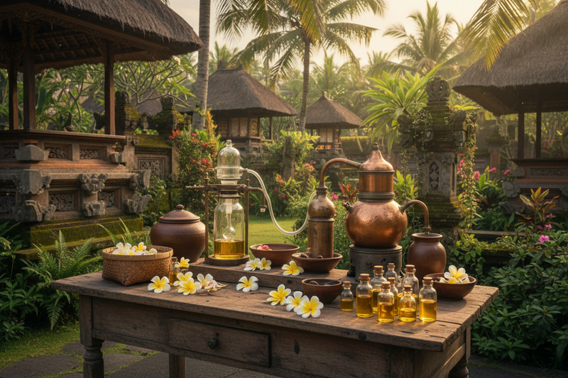 Pure Extraction of frangipani essential oil in bali village without people in photo